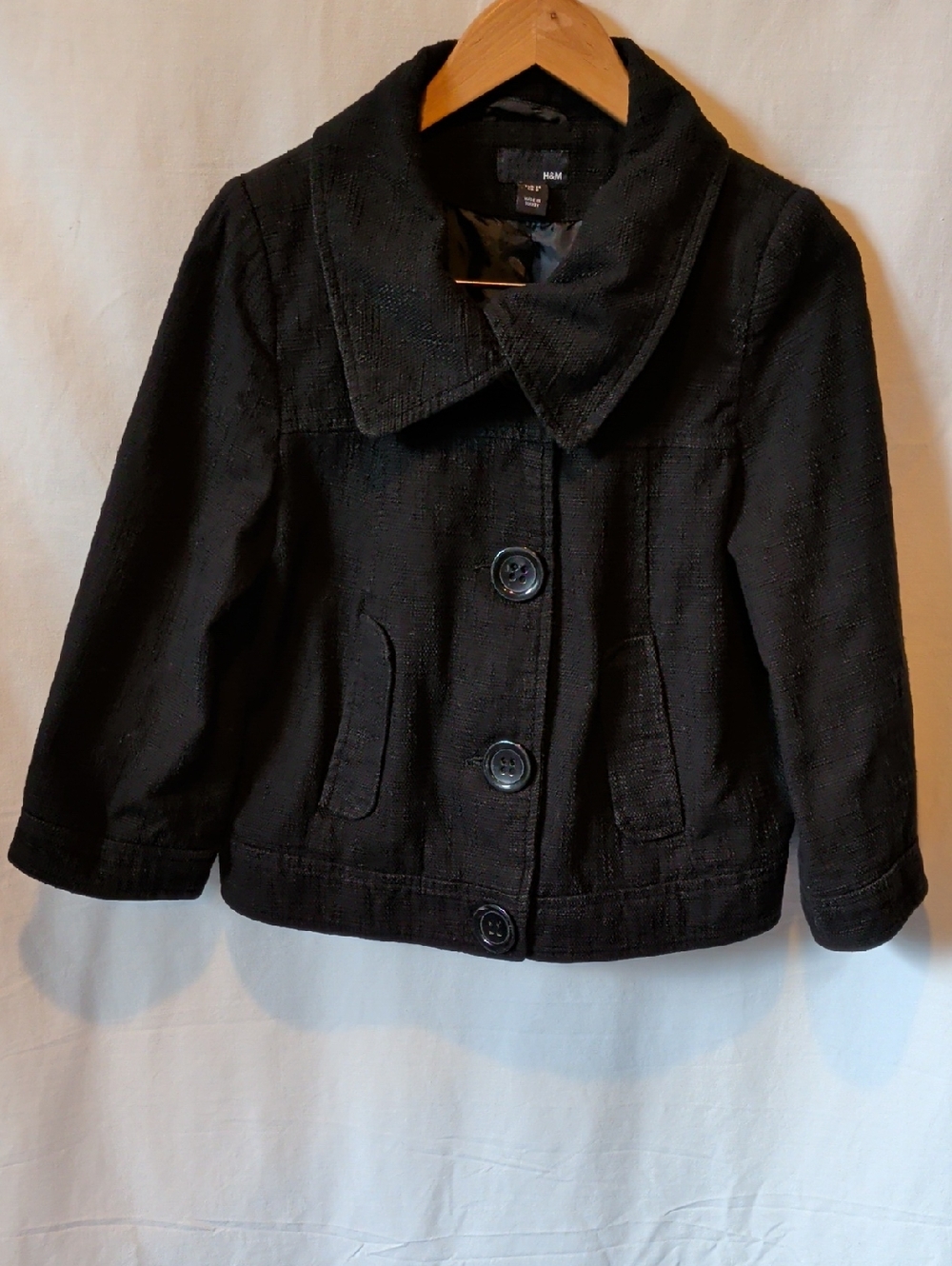H&M Black Women's Cropped Pea Coat with Large Buttons And 3/4 Inch Sleeves